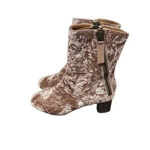 Chloe Lexie Tan Rose Velvet Double Asymmetrical Side Zipper Ankle Boots